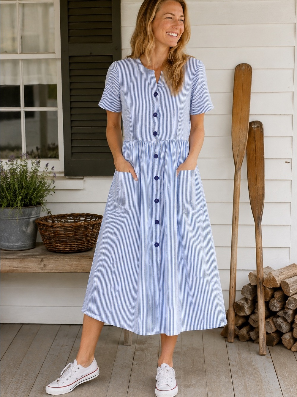 Vermont Country Store Blue and White Striped Button-Front Seersucker Midi Dress